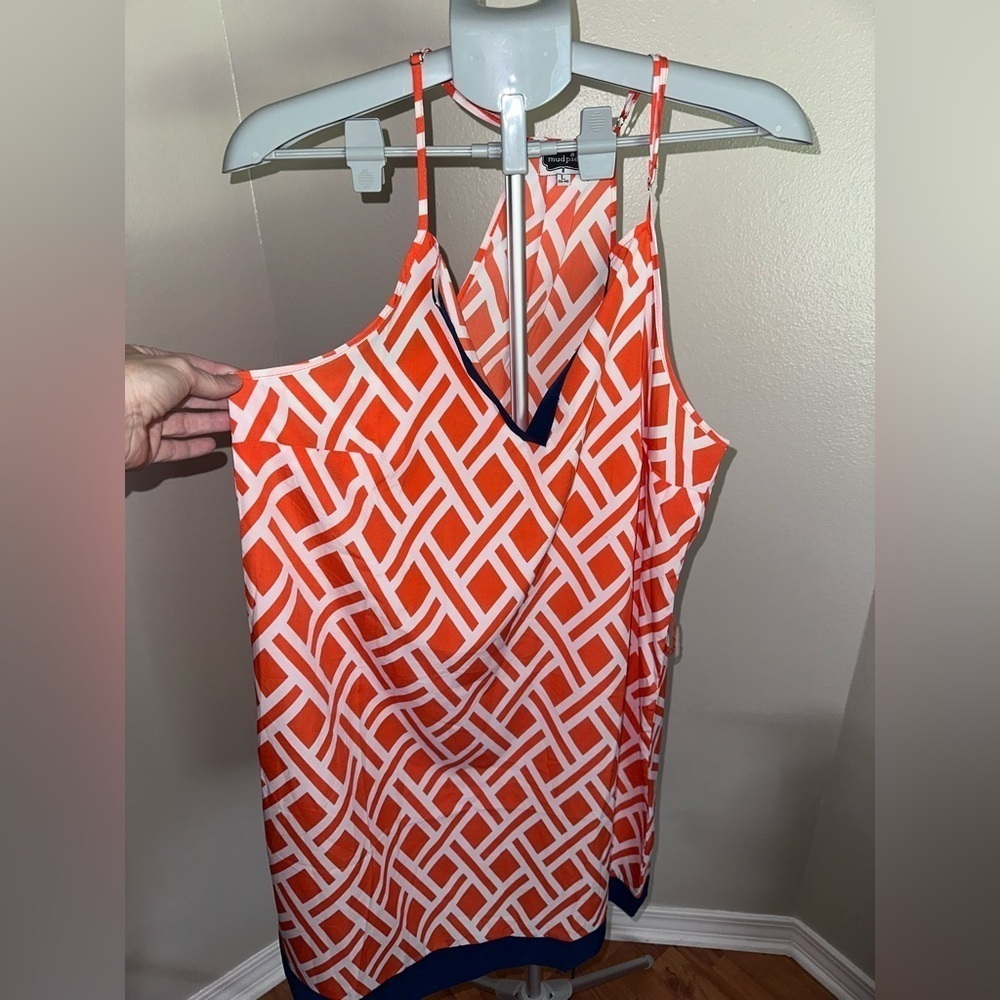 Mud Pie Orange White Geometric Dress Navy Trim - Picture 2 of 5